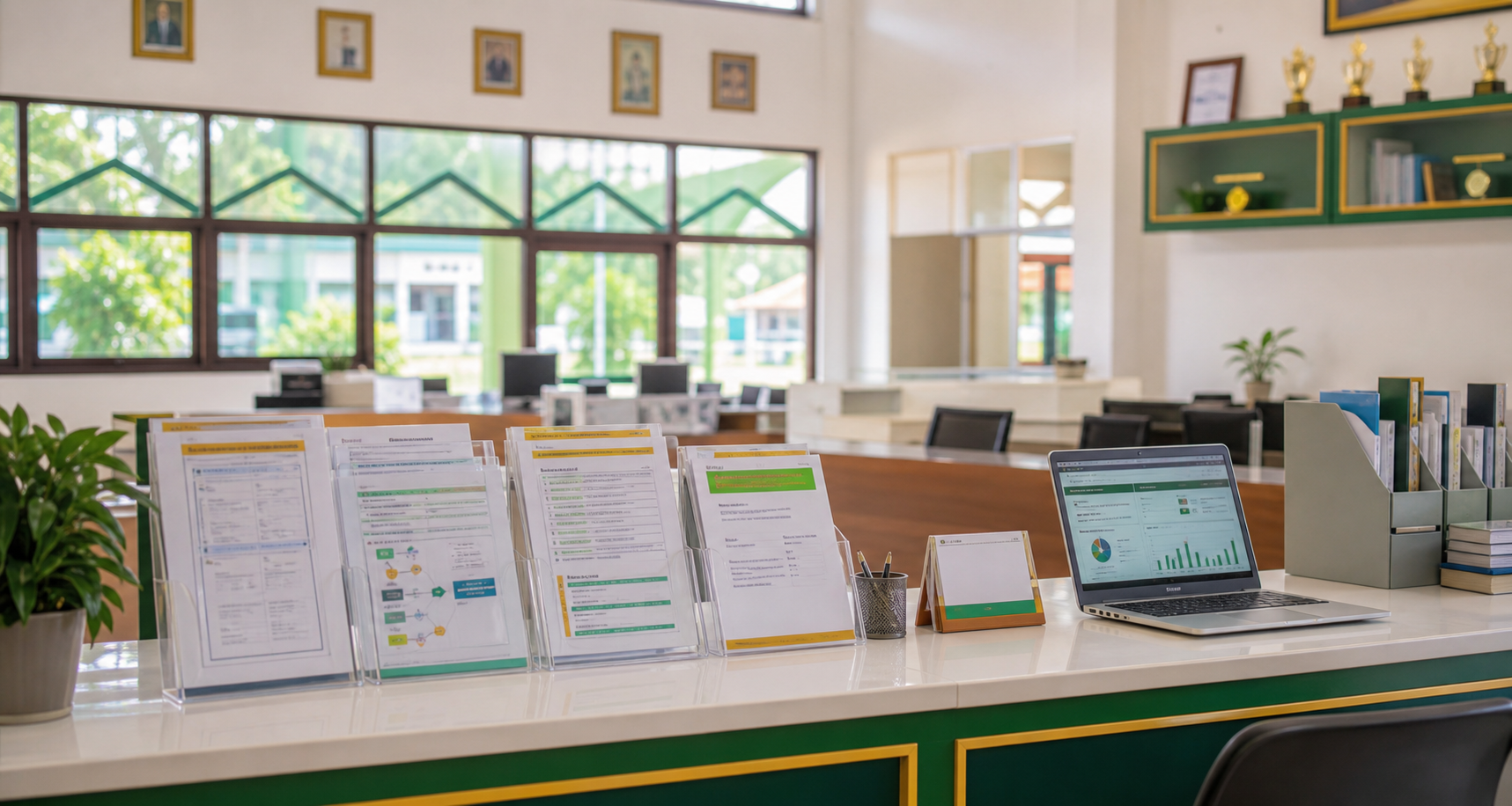 Meja layanan informasi publik madrasah dengan dokumen dan laptop